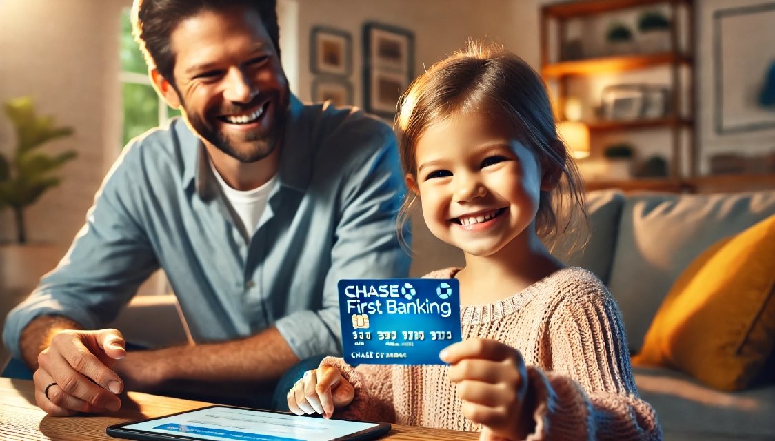 a young child excitedly holding a Chase First Banking debit card